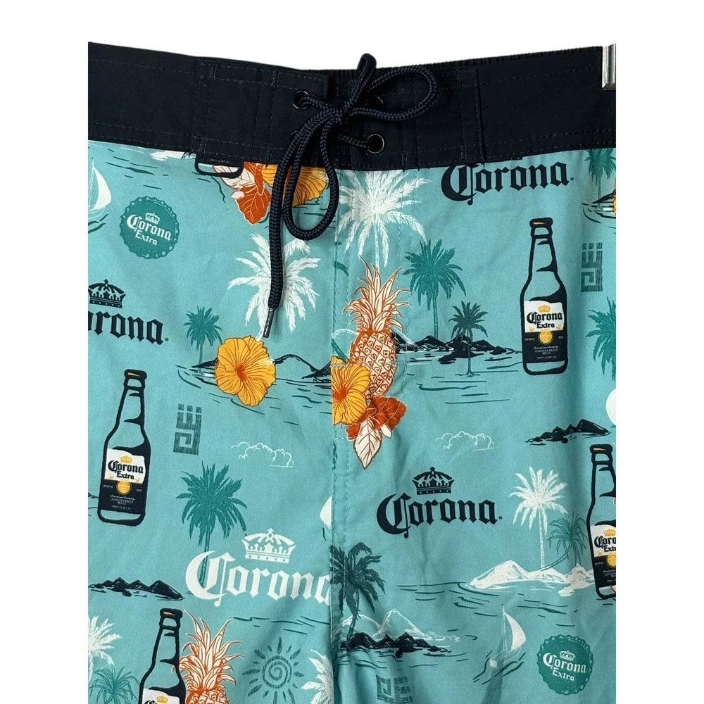Corona Y2K Swim Trunks Aqua Palm Tree Pineapple Beer Shorts Men Size 2XL (44/46)